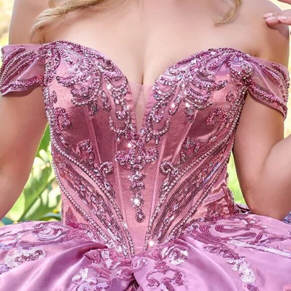 New Dusty Rose Off The Shoulder Maxi Satin Quinceanera Gown w/ Sequins GL3794 - Picture 7 of 14